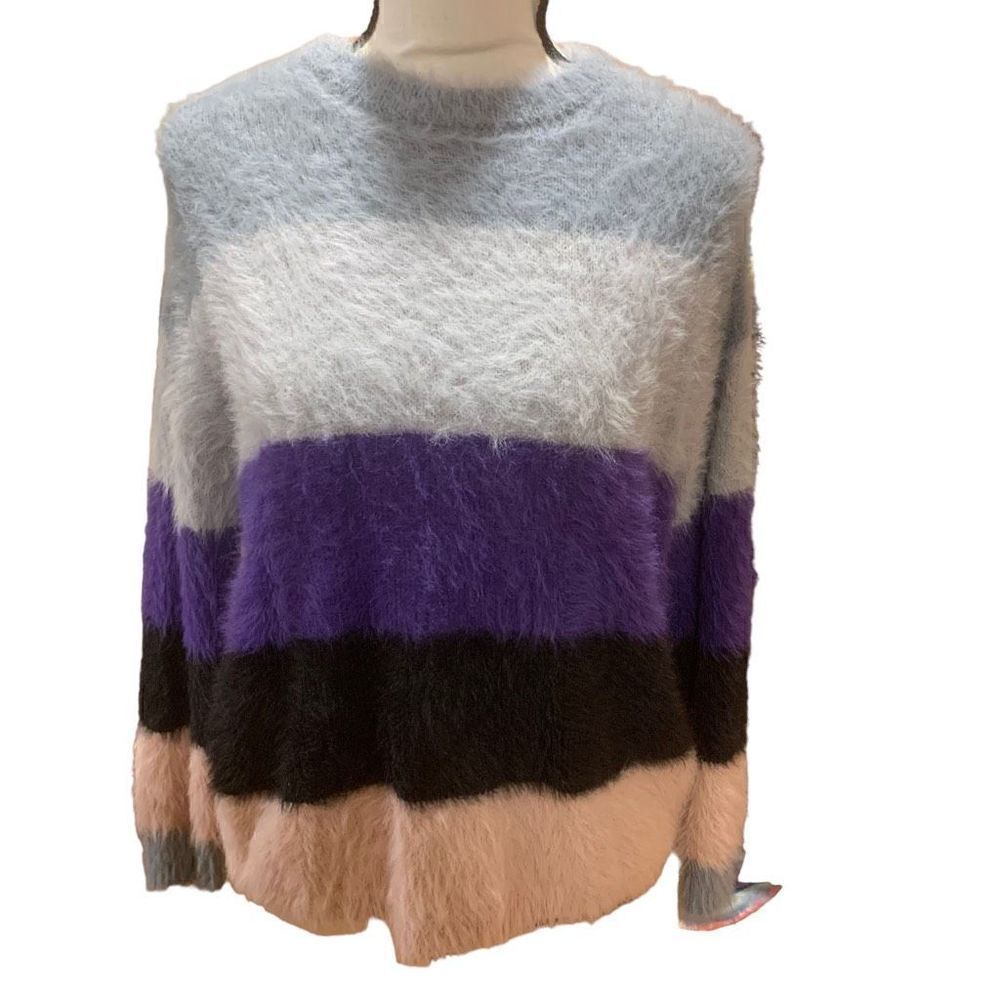 PRMA Shaggy Colorblock Long-Sleeved Blue Purple White Black Sweater Women XS‎